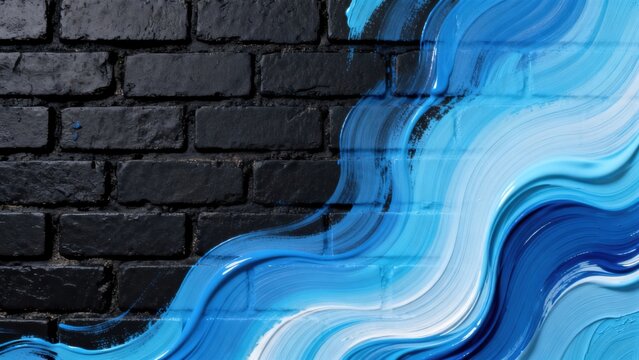 Blue paint swirls on black brick wall