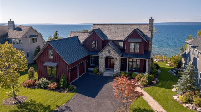 Luxury waterfront home with stone accents and lush landscaping