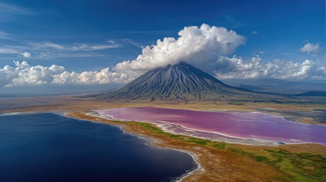 Majestic mountain peak capped by clouds above vibrant pink and blue saline lakes