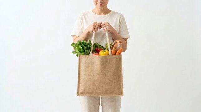 Woman holding a bag of fresh vegetables and bread