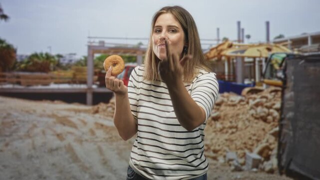 Woman holding a donut and showing middle finger toward a building construction site while wearing a striped shirt; playful defiance.