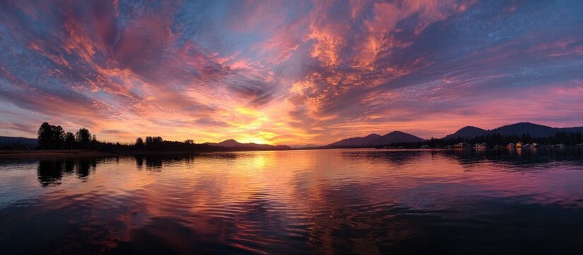 Fiery sunset over a calm lake, painting the sky and water with vibrant colors
