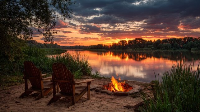 Two chairs by a fire pit overlooking a serene river at sunset