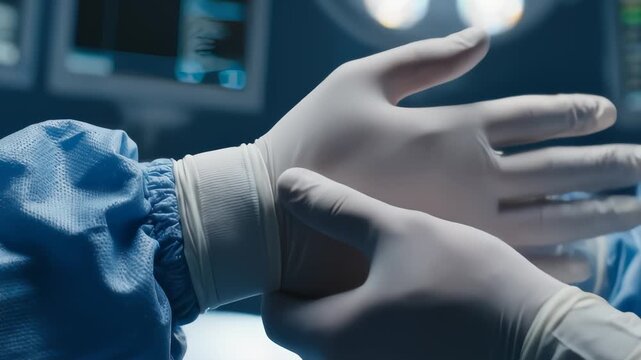 Surgeon Preparing Sterile Glove For Surgery In Modern Hospital Room