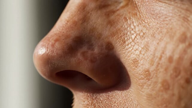 Extreme close up of human nose and cheek with numerous brown pigment spots and freckles. Shows natural skin texture and signs of sun damage. Use for dermatology or skincare content.