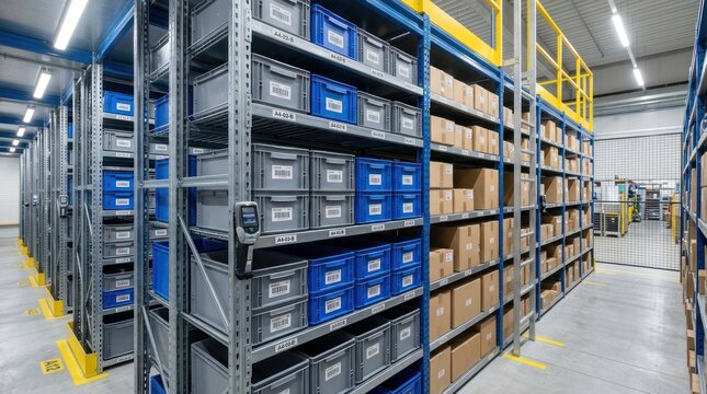 A warehouse with tall metal shelves holding various boxes and crates in a clean, organized environment.