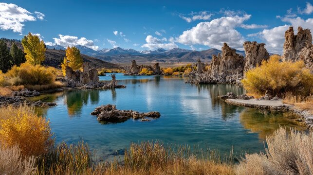 Autumn hues surround calm waters and unique rock formations under a blue sky