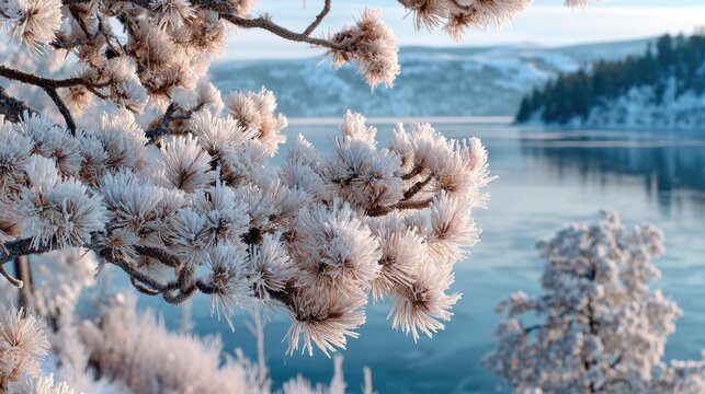 Frost-covered pine branches frame a tranquil winter lake and snow-dusted trees