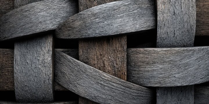 Close-up of weathered wood planks interwoven in a basket weave pattern