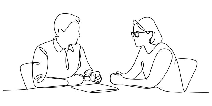 Continuous single line drawing of a man and woman having a business meeting or interview sitting at a desk with documents Vector, illustration