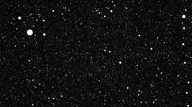 A minimalist black-and-white background featuring scattered white dots resembling stars in a night sky. The abstract pattern creates a.Hundreds of White Particles Rising Rapidly on Black Background.