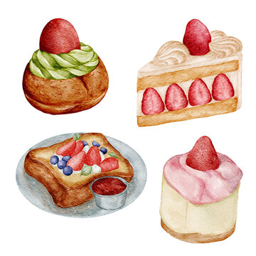 Handdrawn Strawberry Cakes Dessert Set Bundle Realistic Watercolor Illustration | Bakery Cafe Food Snack Dessert Menu Element Clipart PNG