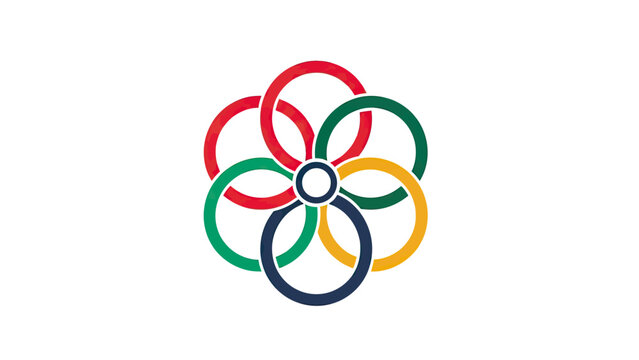 Five interlocking colored rings arranged in a flower-like pattern on a white background