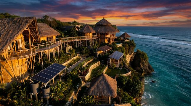 Luxury oceanfront resort with thatched villas.
