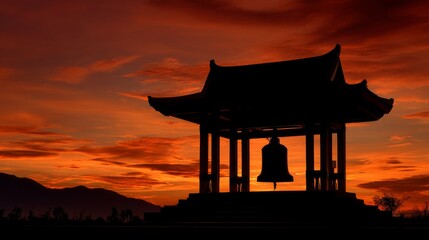 Naklejka premium Serene Pagoda Silhouette Against Vibrant Sunset Sky with Bell, Peaceful Landscape, Tranquil Atmosphere Enhancing Natural Beauty
