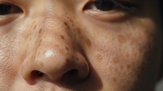 Extreme closeup of a male face showing freckles and skin pigmentation. Educational dermatological context highlighting sun damage. Suitable for medical or skincare marketing.
