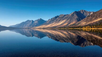Fototapeta premium Majestic mountain range mirrored in calm, clear lake under a bright blue sky