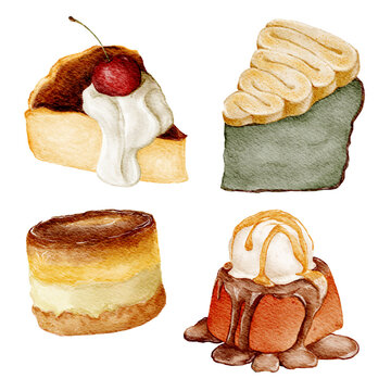 Handdrawn Cakes Set Bundle Realistic Watercolor Illustration | Bakery Cafe Food Snack Dessert Menu Element Clipart PNG