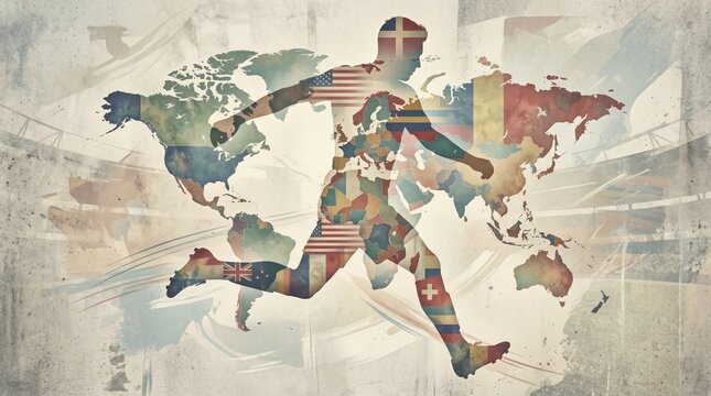 Runner silhouette made of colorful country flags on a world map background with a textured effect