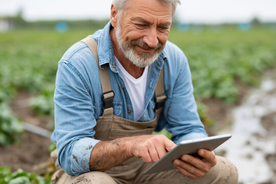 Farmer smiles while using tablet in field. He wears overalls and denim shirt. Hands show dirt from gardening work. Green crops grow in wet soil rows. Background blurs slightly for focus