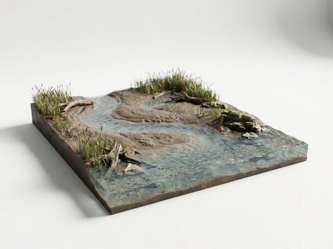 Small square diorama of a swamp landscape with green grass