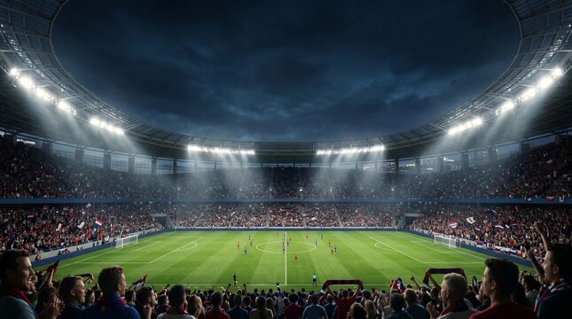 A soccer stadium at night with a crowd of people watching a game on a green field with white lines under bright lights