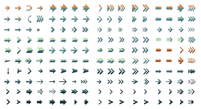 Large grid of diverse arrow icons in various styles and directions using a muted color palette for navigation and directional signaling in apps.