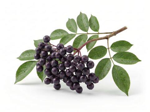 Fresh elderberry bunch with green leaves on a twig