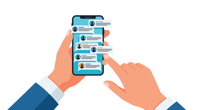 Person using a smartphone to manage multiple text conversations shown as a stream of message bubbles with user avatars on a blue screen interface.