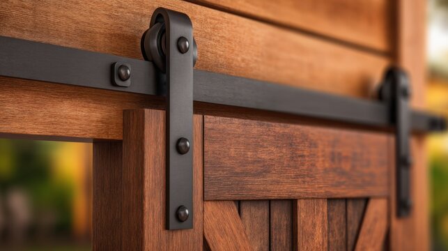 Close-up view of a wooden sliding door showcasing intricate metal hardware and natural textures