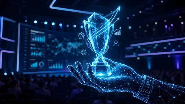 AI Achievement Holographic Trophy Held by Digital Wireframe Hand with Business Growth Analytics Icons on Dark Stage Conference Background