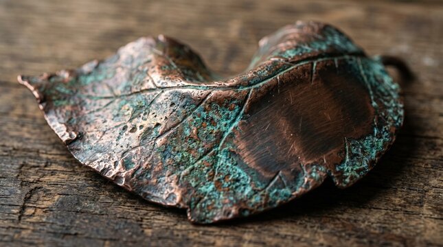 Textured Copper Leaf with Green Patina on Wood