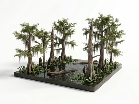 Miniature 3d swamp diorama with cypress trees