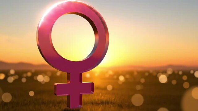 Bright pink female gender sign in sunlit meadow with glowing bokeh, women's equality and feminism symbol concept with modern color, warm sunrise, empowerment, dignity, hope and social progress