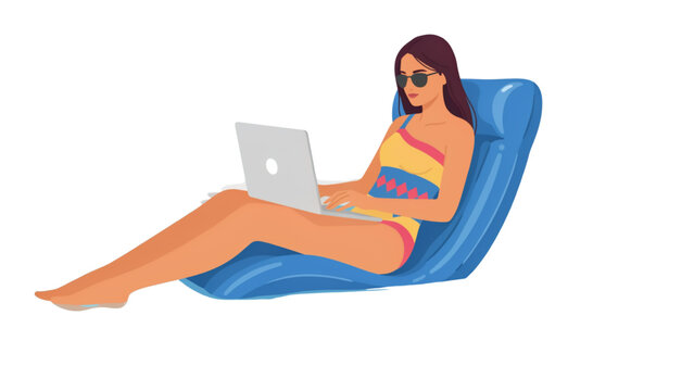 Young woman in swimsuit sitting on a blue lounge chair using a laptop computer to work while on her summer vacation Vector