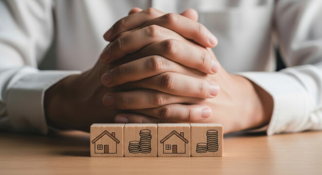 Real Estate Investment: Home Ownership and Financial Growth Depicted with Houses and Coins on Wooden Blocks Held by Person