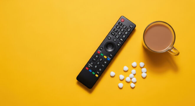 Relaxation Composition: Remote Control, Mug of Coffee, and White Pills on Vibrant Yellow Surface for a Chilling Scene
