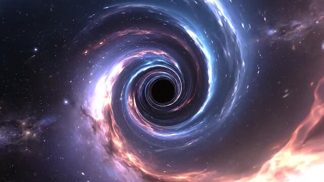 A glowing spiral of cosmic dust swirls around a dark void in deep space