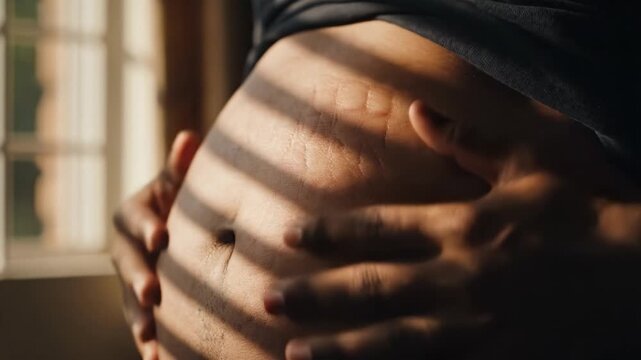 Close up of a pregnant belly with stretch marks under striped sunlight. Reflects body positivity and natural motherhood changes. Ideal for maternity, health, or skin care content.