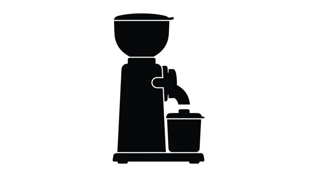 Simple black silhouette icon of a professional electric coffee grinder machine showing a hopper and a container isolated on a clean and bright white background
