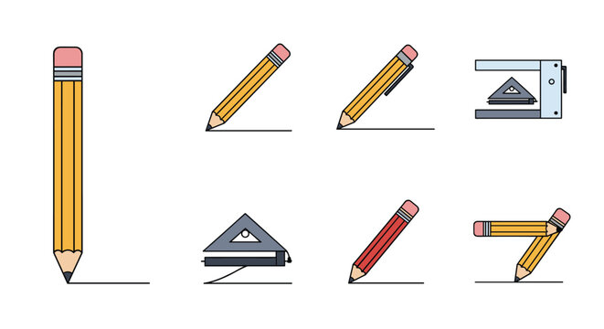 Various yellow and red pencils shown in different drawing positions alongside drafting triangles and geometric measuring tools for design.
