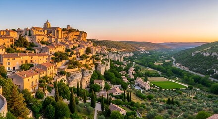 Obraz premium Scenic hilltop village at sunset showcasing architecture and landscape views