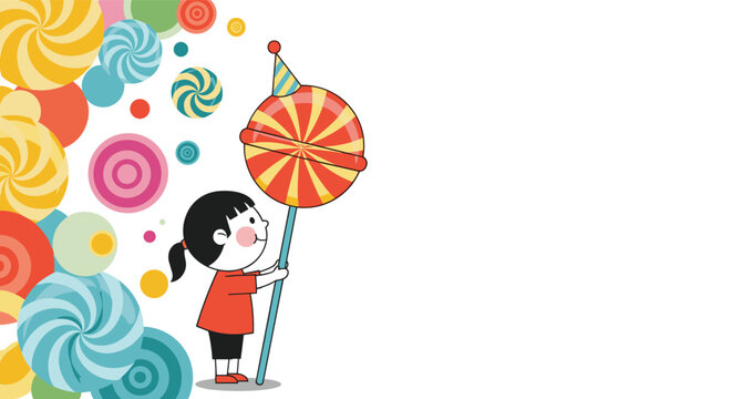Cute illustration of a young girl holding a massive colorful lollipop with a party hat against a background of swirling candies.