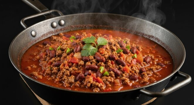 Steaming skillet of chili with beans and meat, garnished with herbs