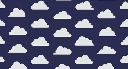 Fototapeta premium Simple seamless pattern of fluffy white cloud icons arranged in rows against a solid dark blue sky background for design.