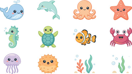 Cute Kawaii Sea Animal Vector Icon Set with Whale, Dolphin, Octopus, Turtle, Fish, Crab, Jellyfish, and Ocean Elements © Ashik 
