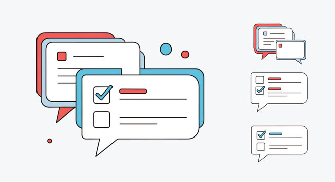 Modern communication icons featuring colorful message bubbles with checkmarks and text lines for feedback and task completion status.
