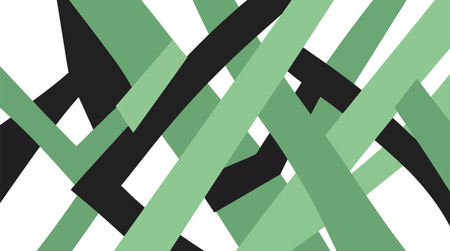 Dynamic composition of overlapping green and black linear elements creating a minimalist abstract artistic pattern