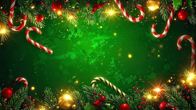 A festive holiday background featuring evergreen branches and candy canes