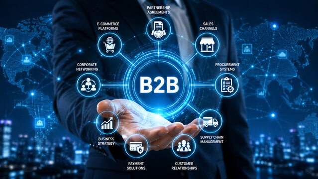 B2B business network concept with digital connections, partnerships, supply chain, e-commerce, and global enterprise collaboration.